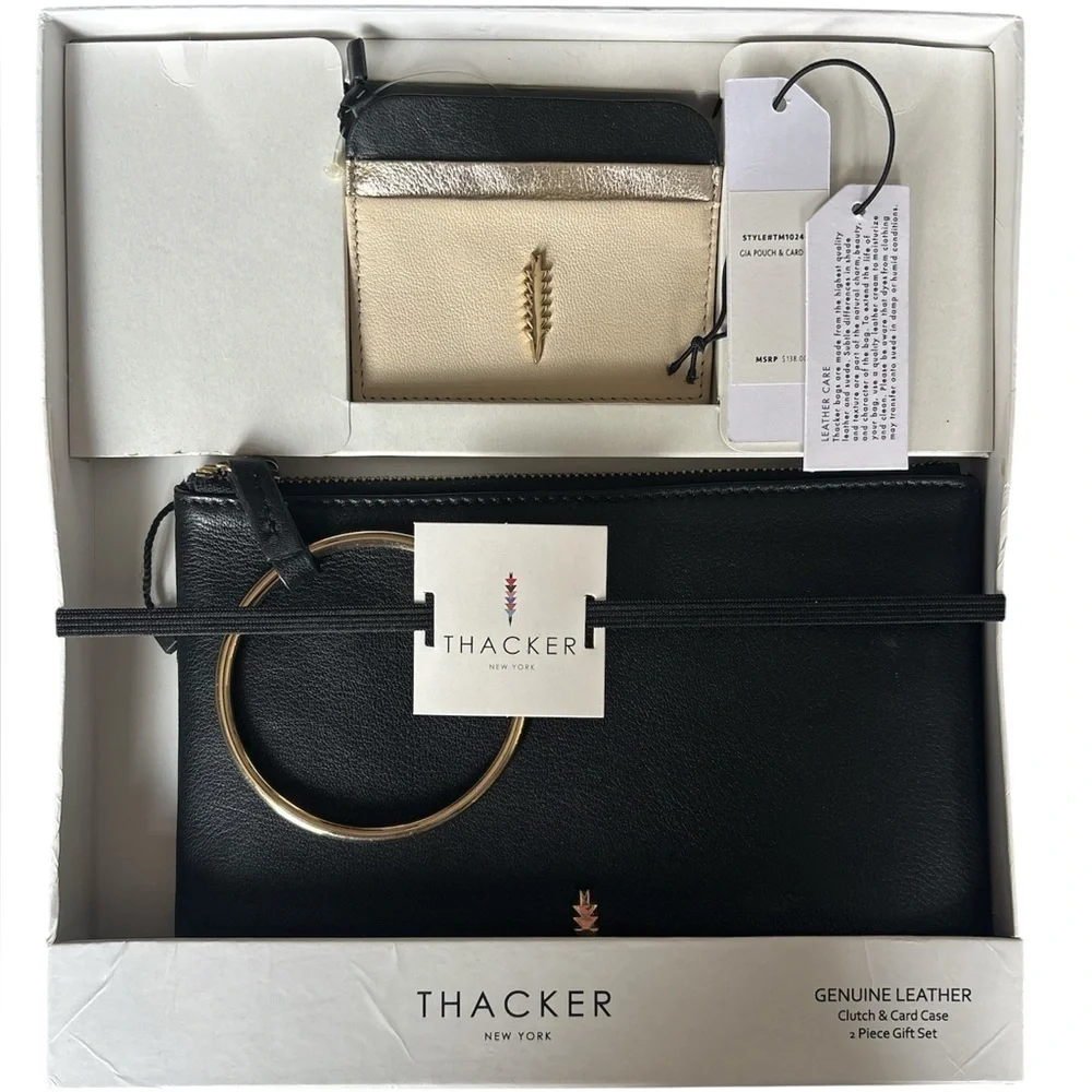 Thacker New York Genuine Black Leather Gia Wristlet Pouch & Card Case NWT
